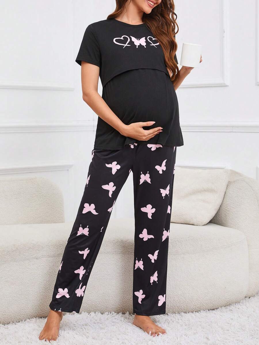 SHEIN Butterfly Printed Maternity Pajamas