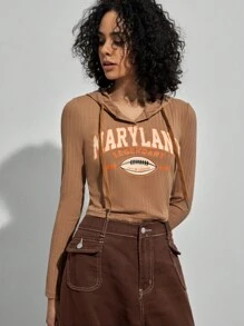 Forever 21 女式連帽短款t卹,帶束繩和字母印花 - 卡其色 - 查看 4