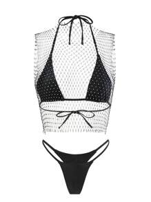 Swim SXY Summer Women's Halter Neck Bikini Set And Sleeveless Fishnet Cover Up Top - Black - View 3