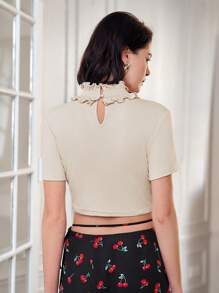 SHEIN Frenchy Maglietta Con Maniche Corte A Maglia Con Struttura A Coste Di Testura, Colore Solido Con Colletto A Volant - Albicocca - Visualizzare 2