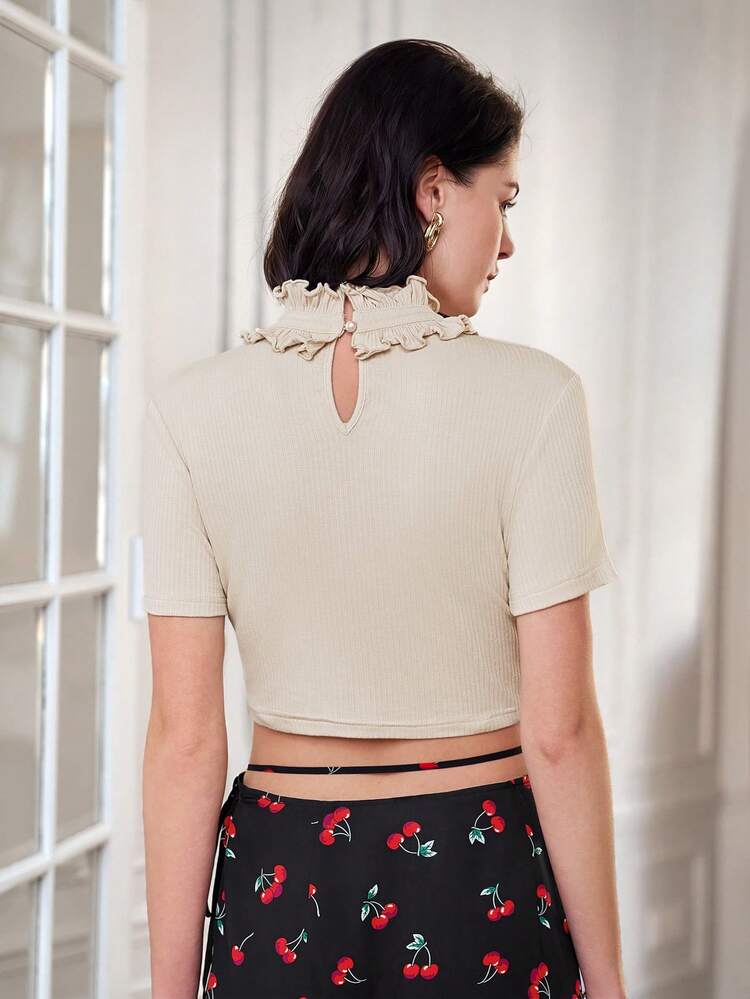 Solid Color Ruffle Collar Ribbed Texture Knit Short Sleeve T-Shirt Winter Casual