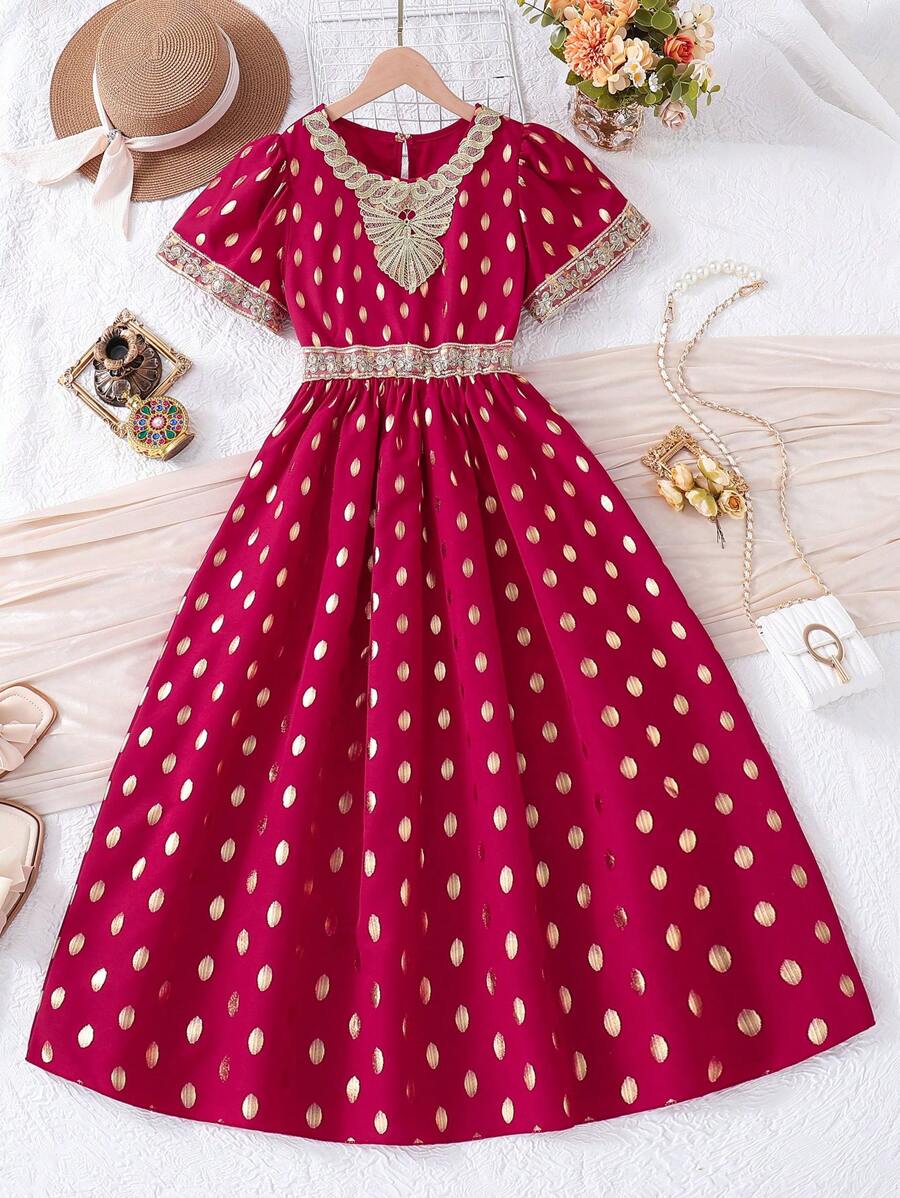 SHEIN Tween Girls' Gorgeous Polka Dot Print Patchwork Embroidered Tape Dress With Puff Sleeves For Party Summer - Burgundy - View 1