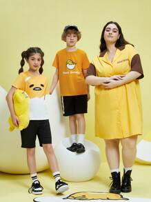 Gudetama X SHEIN Tween Boy Cartoon Graphic Tee And Shorts Set - White - View 4