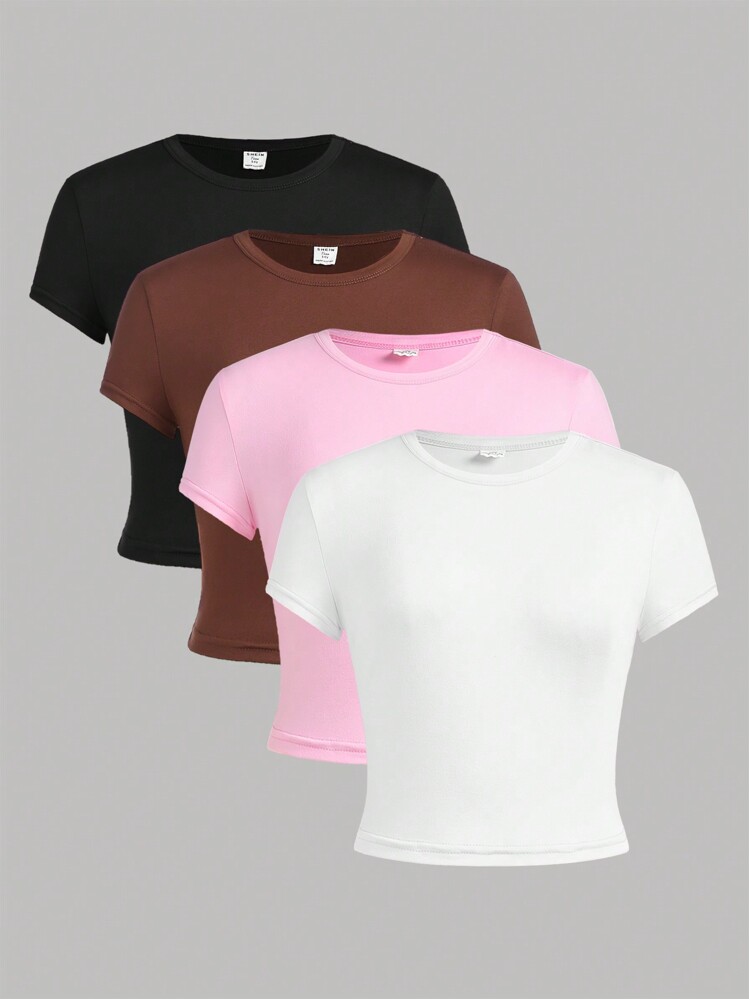 SHEIN Girlism 4pcs Short Sleeve Knit Solid Color Crop Top T