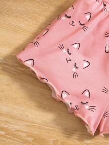 SHEIN Tween Girl 2入組針織貓紋鎖骨上衣和寬鬆短褲睡衣套裝 - 粉色 - 查看 5