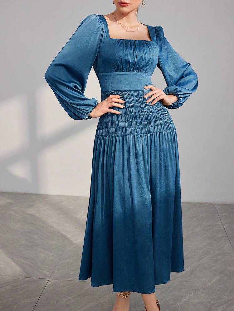 Women's Lantern Sleeve Loose Fit Dress With Draped Neckline Long Evening Dresses