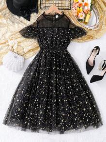 Teen Girl Gorgeous & Mesh Dress Perfect For Festival Party - Black - View 1