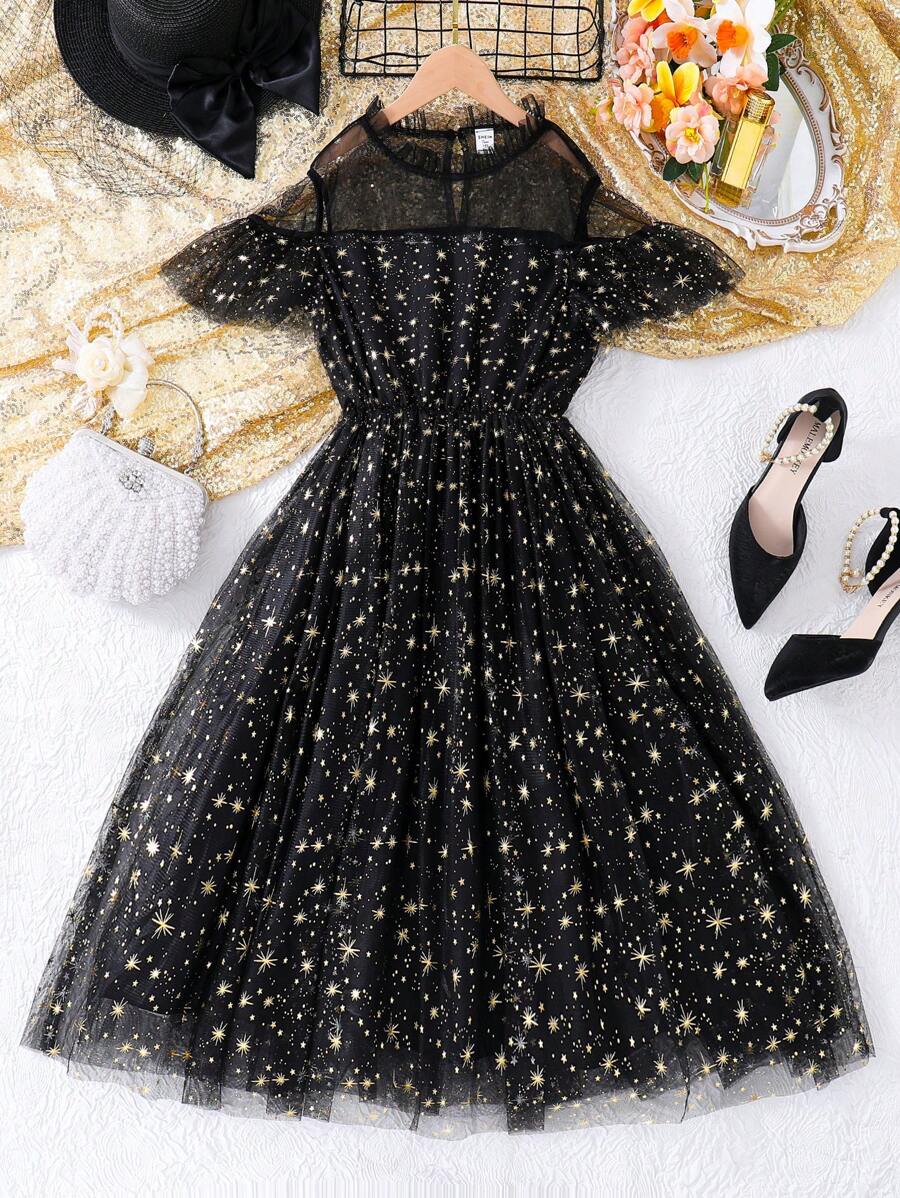 Teen Girl Gorgeous & Mesh Dress Perfect For Festival Party - Black - View 1