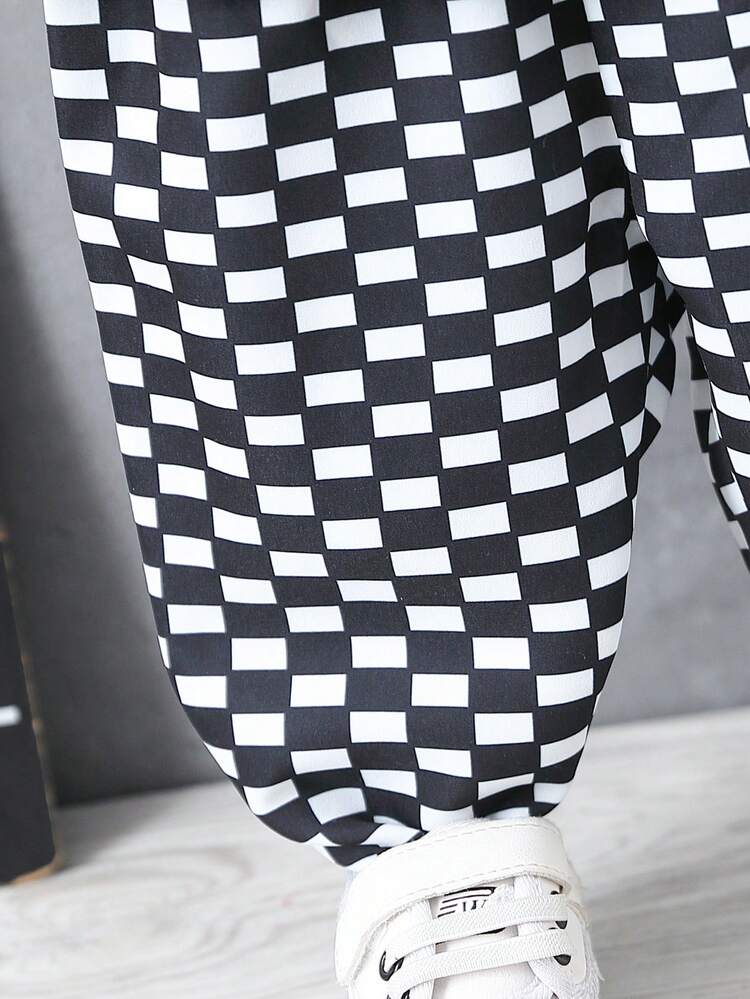 Baby Girl Casual Street Chic Heart & Letter Print Short Sleeve Top And Checker Printed Long Pants 2pcs/Set