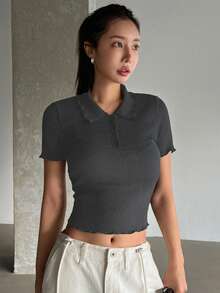 DAZY Của phụ nữ Màu thuần Kết cấu Vòng cổ Quần skinny Gầy Ngắn tay Áo thun - màu đen - Xem 4