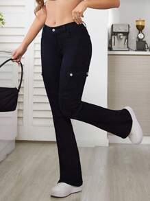 SHEIN Tall Low Waist Cargo Flared Jeans - Black - View 5