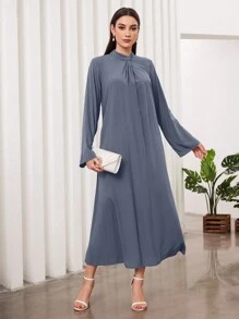 Al Najma Arabic Long Sleeve Dress With Twist Knot At The Collar - Blue - View 7
