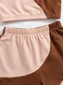 SHEIN 青少女編織拼色背心和寬鬆編織休閒短褲2件套裝 - 卡其色 - 查看 5