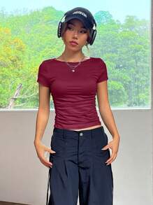 SHEIN EZwear Slim Fit Pleated Short Sleeve T-Shirt - Red - View 4