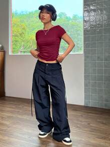 SHEIN EZwear Slim Fit Pleated Short Sleeve T-Shirt - Red - View 5