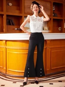 Vintamour Ladies' Button Closure Flared Pants Summer Clothes