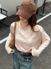 DAZY Của phụ nữ Vòng cổ Tay áo dài Đau khổ Áo thun - Màu be - Xem 2