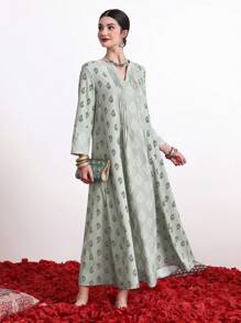Divindia Vestido Impreso De Estilo Femenino Con Escote En V Y Detalles Plisados
