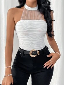 SHEIN Privé HEN PARTY Women's Mesh Contrast Halter Knitted Top - Beige - View 5