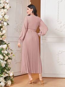 Modelyn Lantern Sleeve Pleated Hem Belted Dress - Dusty Pink - View 2