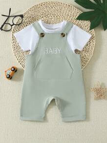 SHEIN Vintaside Kids 寶寶男孩春夏淺灰綠色單件連身衣,可愛字母刺繡,日常休閒裝必備 - 彩色 - 查看 4