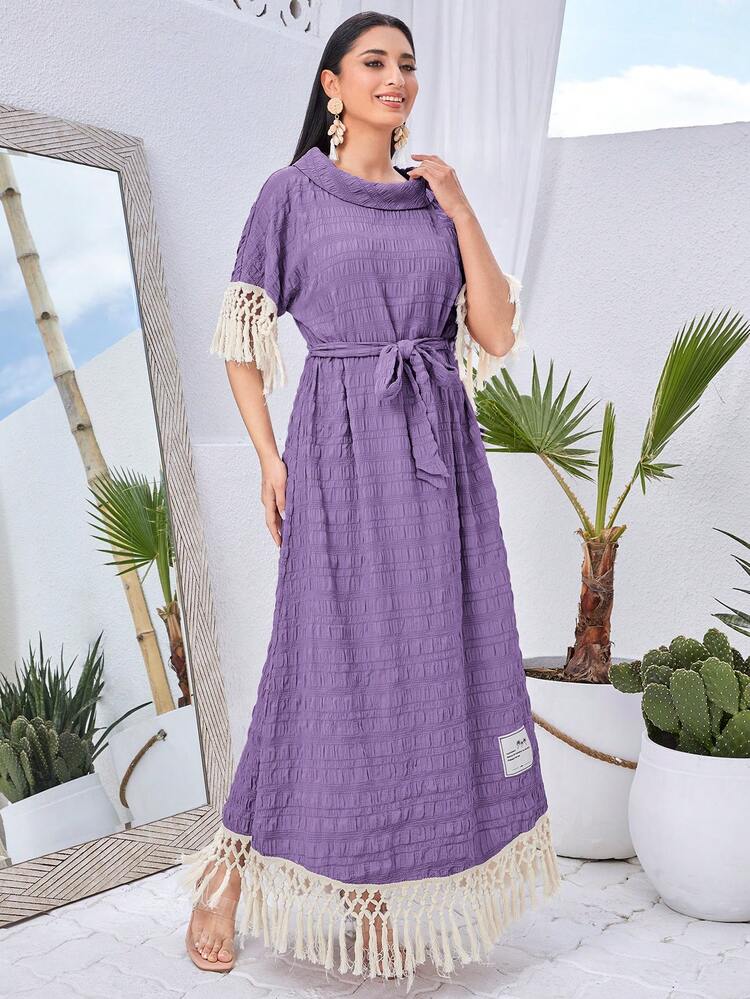 Women's Color Block Fringe Decorated Button Detail Dress