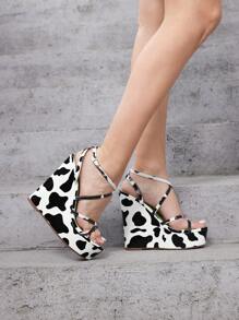 Women's Wedge Heel Thick Platform Sandals - Black and White - View 2