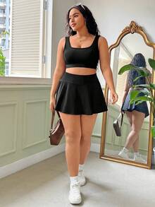 CovetEZ Kích thước lớn Màu thuần Thon gọn Quần skinny Áo vest Và Váy Hai chiếc Bộ - màu đen - Xem 4