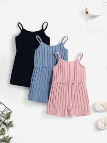 SHEIN Leap Crew Baby Girl Casual Knitted Solid Color Cami Romper 3pcs/Set - Multicolor - View 1