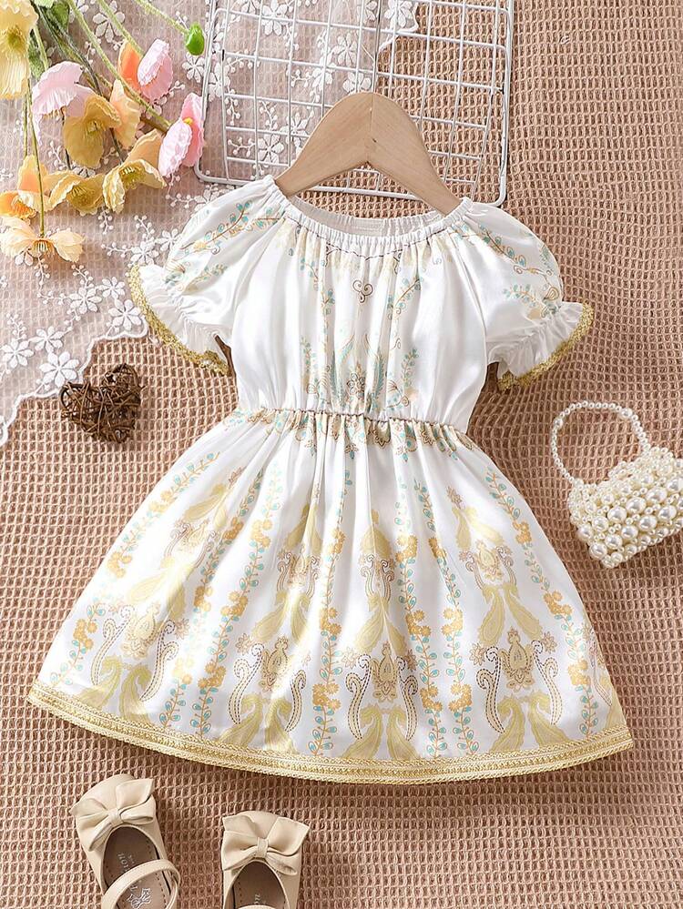 Vintage Printed Bubble Sleeve Dress For Baby Girl