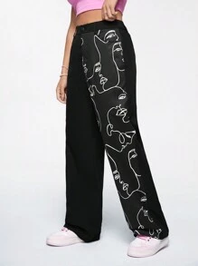 SHEIN Qutie 撞色印花休闲黑色长裤 - 黑色 - 查看 3