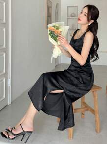 DAZY Của phụ nữ Không tay Người yêu Đường viền cổ áo Đầm - màu đen - Xem 3