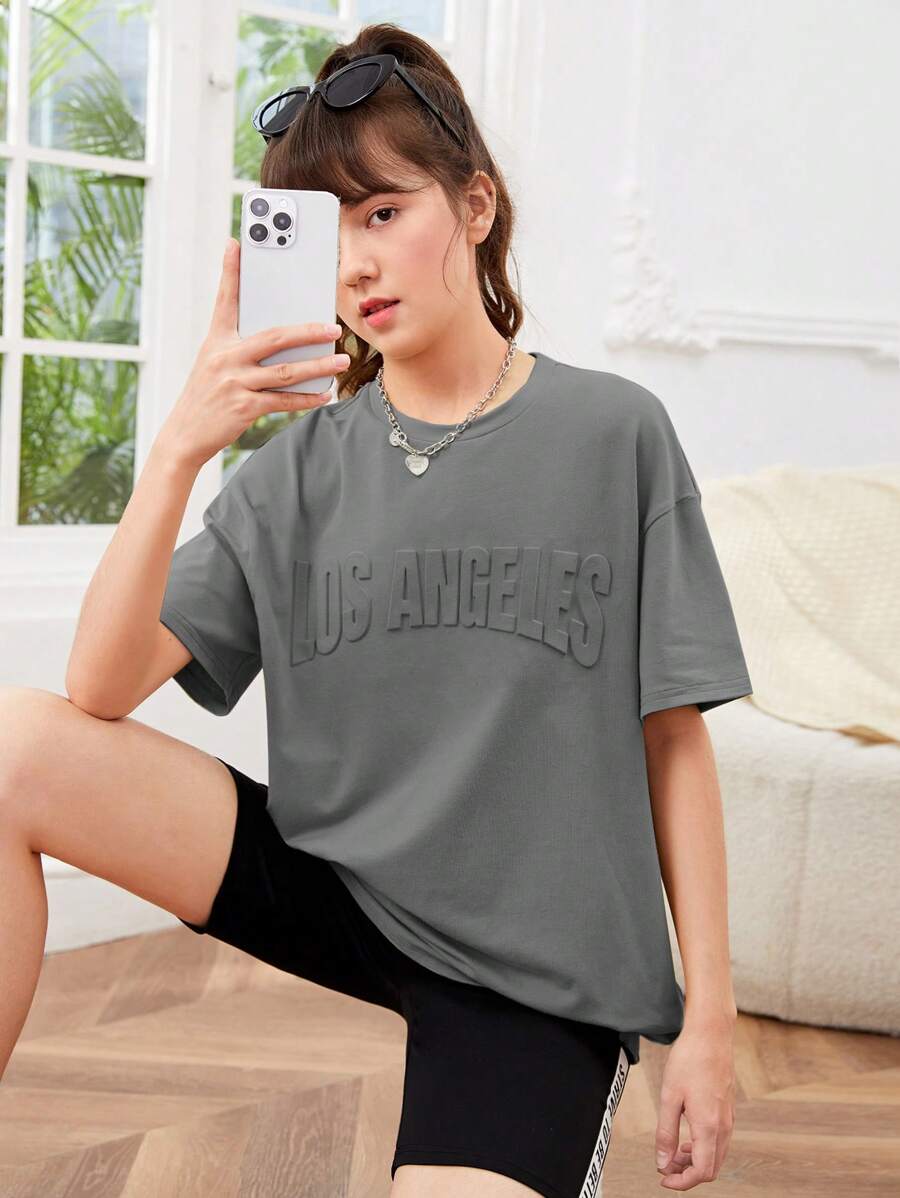SHEIN 少女圓領寬鬆3d浮雕短袖休閒t恤 - 灰色 - 查看 1