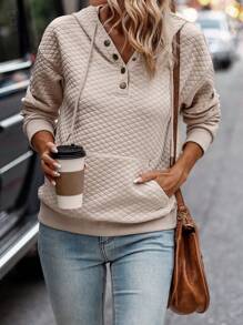 SHEIN LUNE Half Button Kangaroo Pocket Drop Shoulder Drawstring Hoodie,Long Sleeve Tops - Apricot - View 5