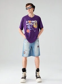 Teen Boy's Cool Streetwear Retro Wash Half Elastic Waistband Denim Shorts With Patch Details - Light Wash - View 1