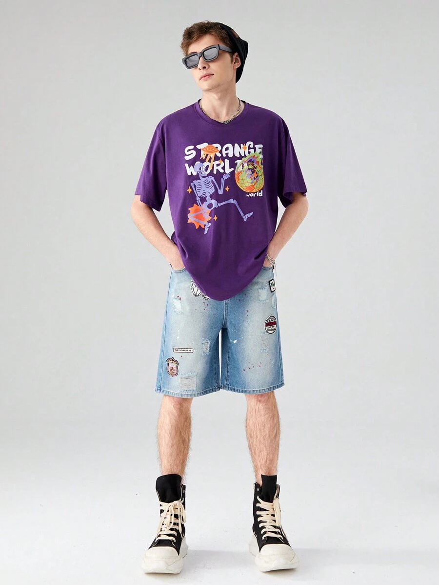 Teen Boy's Cool Streetwear Retro Wash Half Elastic Waistband Denim Shorts With Patch Details - Light Wash - View 1