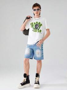 青少年男孩街頭時尚無彈性牛仔短褲 - 淺色水洗藍 - 查看 4