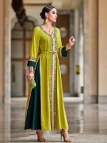 Al Najma Color Block Long Sleeve Dress With Rhinestone Decoration, Elegant Evening Party Maxi Modest Dress Kaftan Arabian Dress