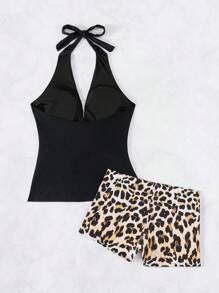SHEIN Swim Summer Women's Deep V Ruched Leopard Print Split Two-Piece Tankini - Black - View 5