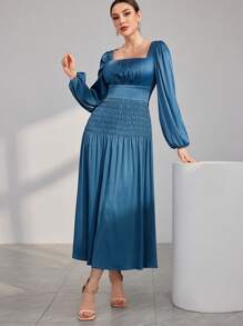 Modelyn Đầm dạ hội dài tay bồng bềnh cổ xếp nếp cho nữ - Màu xanh lam - Xem 5