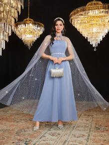 Modelyn Vestido De Estilo Capa Brillante Para Mujer - Azul - Ver 3