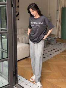 DAZY 标语图案落肩休闲套装睡衣 - 深灰色 - 查看 8