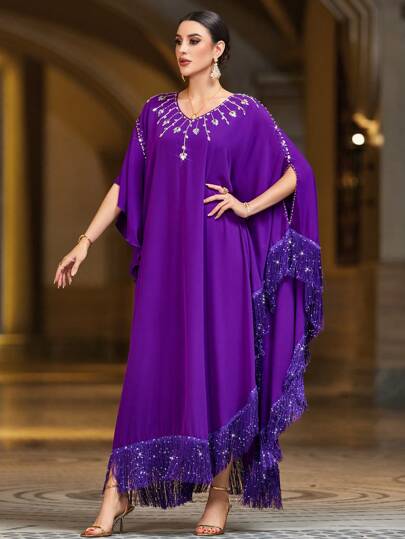 Layrah Áo choàng Thổ Nhĩ Kỳ Kaftan thanh lịch dành cho nữ với họa tiết chắp vá, tua rua và trang trí bằng đá giả, phong cách tiệc tối sang trọng thanh lịch