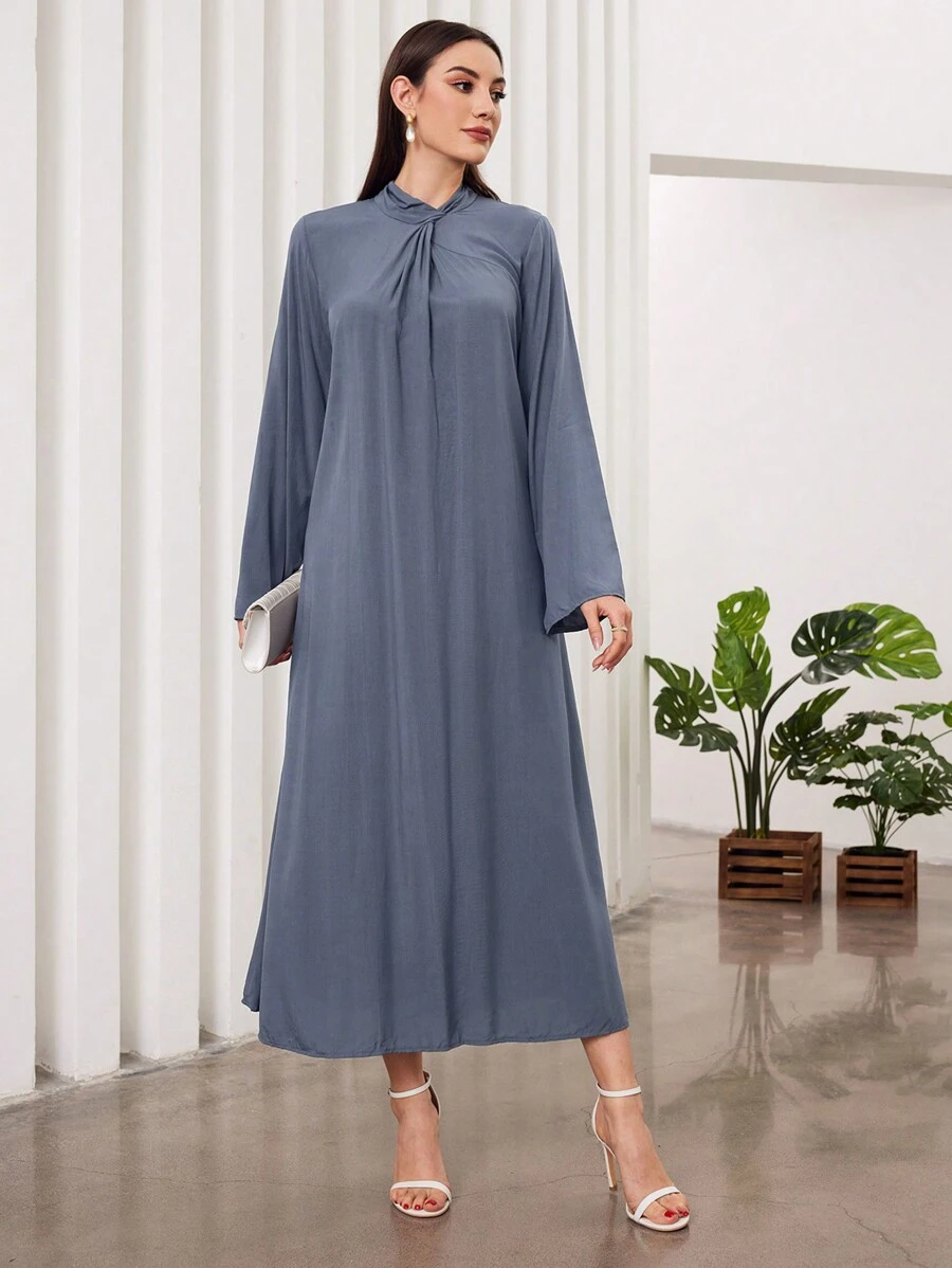 Al Najma Arabic Long Sleeve Dress With Twist Knot At The Collar - Blue - View 1