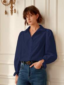 SHEIN Frenchy Đồ trang trí Lace hoa văn tay áo lá sen Áo sơ mi - Màu xanh hải quân - Xem 5