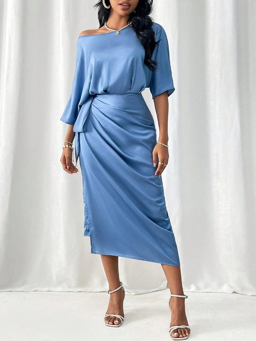 SHEIN Privé HEN PARTY Oblique Shoulder Ruffle Belt Elegant Dress - Baby Blue - View 1