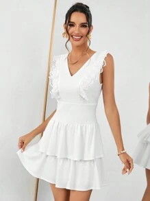 SHEIN Privé 婚紗蕾絲拼接雙層裙擺連身裙 - 白色 - 查看 1