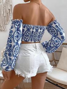 Breezaya Áo sơ mi trễ vai in họa tiết tay dài cho nữ, áo dài tay - Nhiều màu - Xem 2