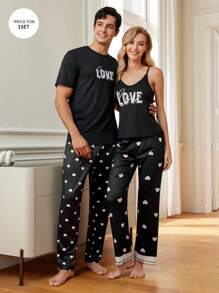 Set de pijamale cu imprimeu inimă pentru bărbați
