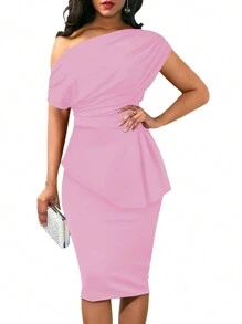 Women Asymmetrical Neck Simple Elegant Fitted Dress - Pink - View 1